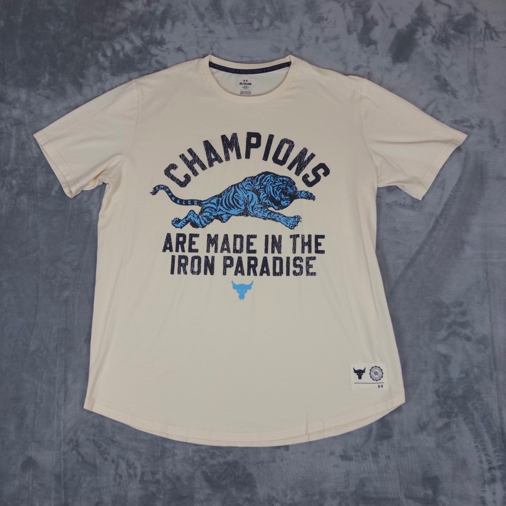 Under Armour T Shirt Mens XL Cream Project Rock Iron Paradise Tiger Gym Tee